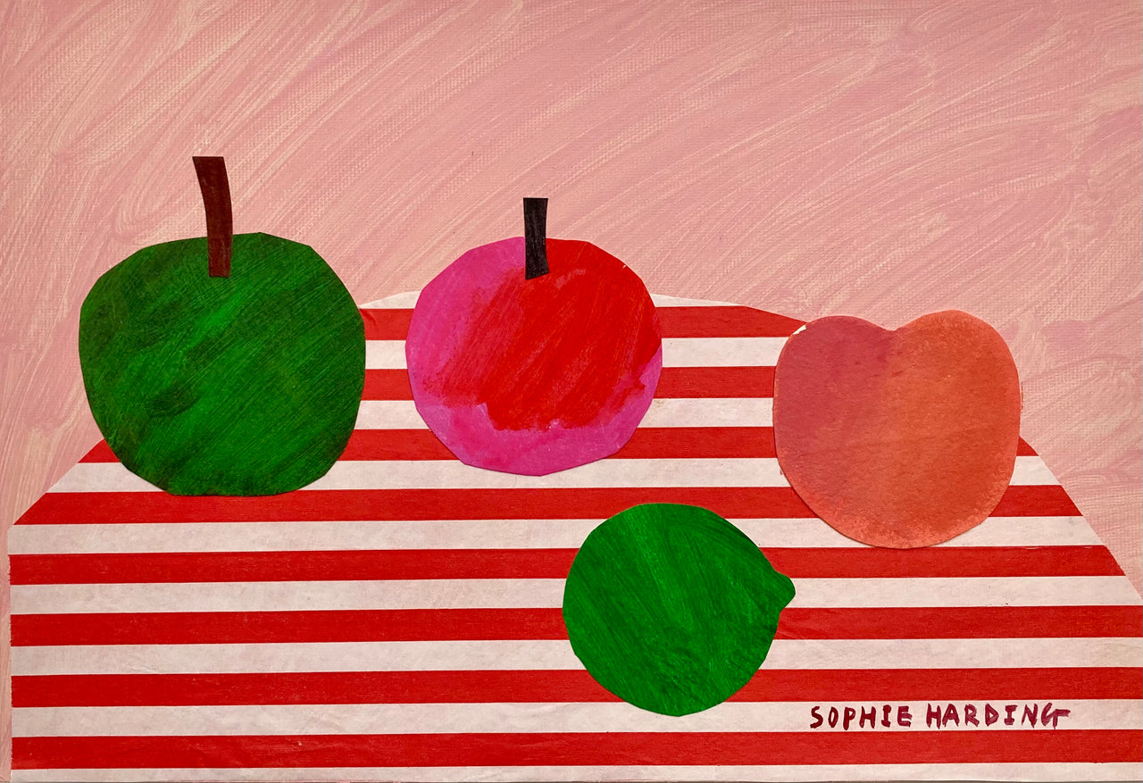 Cornish artist Sophie Harding, Green and red apples and peach on red and white stripy and pink background.