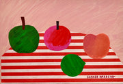 Cornish artist Sophie Harding, Green and red apples and peach on red and white stripy and pink background.