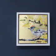 Artist, Jill Hudson, framed square painting with gold lustre background, firecrest sitting on branch in foreground and yellow/cream blossom