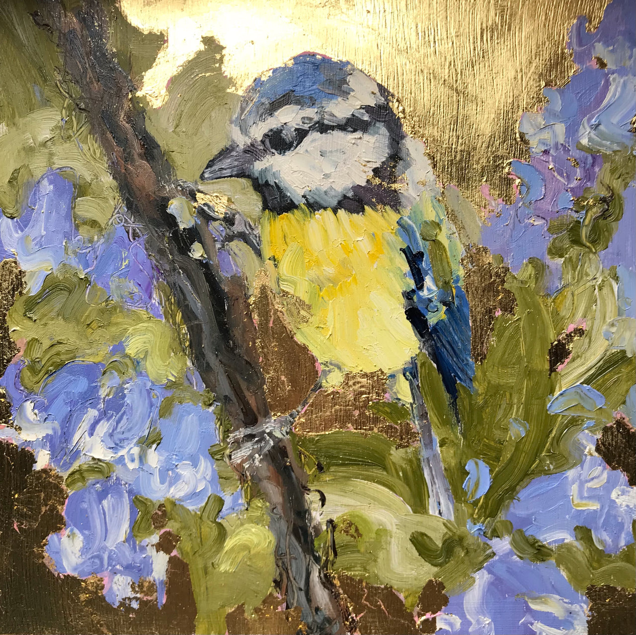 A Jill Hudson painting of a yellow and blue bird on a branch in a purple and green tree  against a gold backdrop