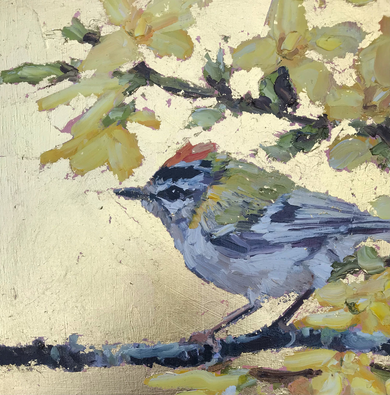 Square painting with gold lustre background, firecrest sitting on branch in foregound and yellow/cream blossom by artist Jill Hudson