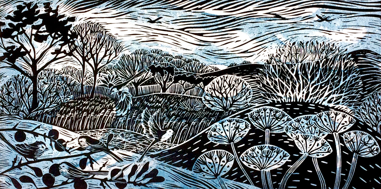 Black and blue tone lino prints by Cornish artist Claire Armitage of landscape, trees, birds and sky.