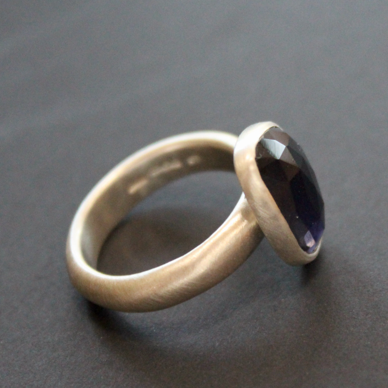 silver ring with dark blue stone by Carin Lindberg, Cornwall based jewellery designer