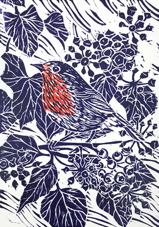 Blue & red robin lino print by Cornish artist Claire Armitage.