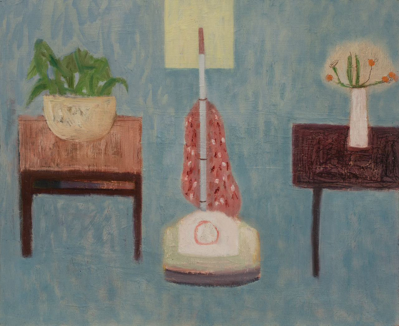 Oil painting of retro hoover between two tables on a blue background by artist Heath Hearn