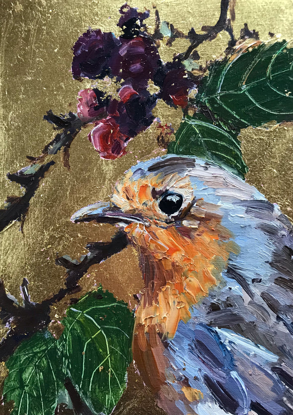 Gold background with berries and leaves and robin in foreground by artist Jill Hudson