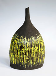 Inspired by the Rame peninsula, beautiful dark vessel with vibrant yellow detail by artist Anthea Bowen