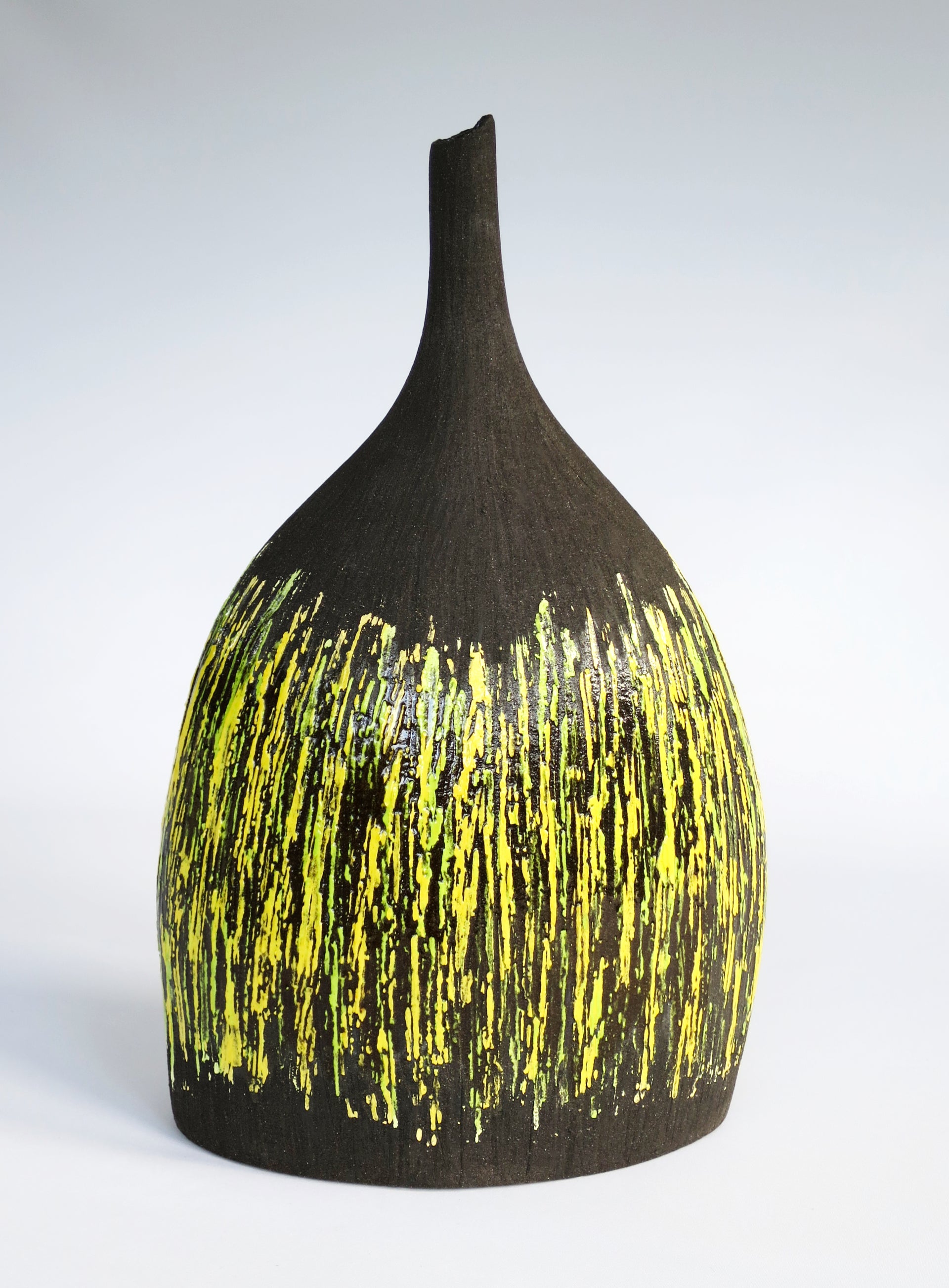 Inspired by the Rame peninsula, beautiful dark vessel with vibrant yellow detail by artist Anthea Bowen