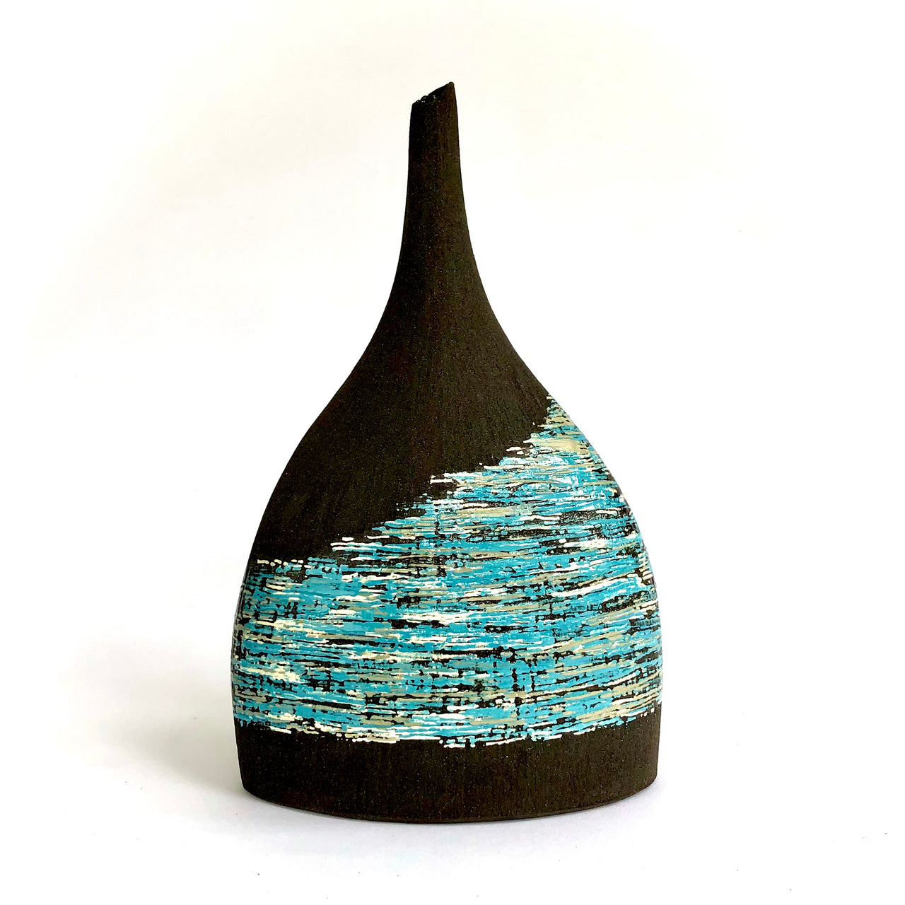 Dark vessel with blue and white detail inspired by the Rame Peninsula by artist Anthea Bowen
