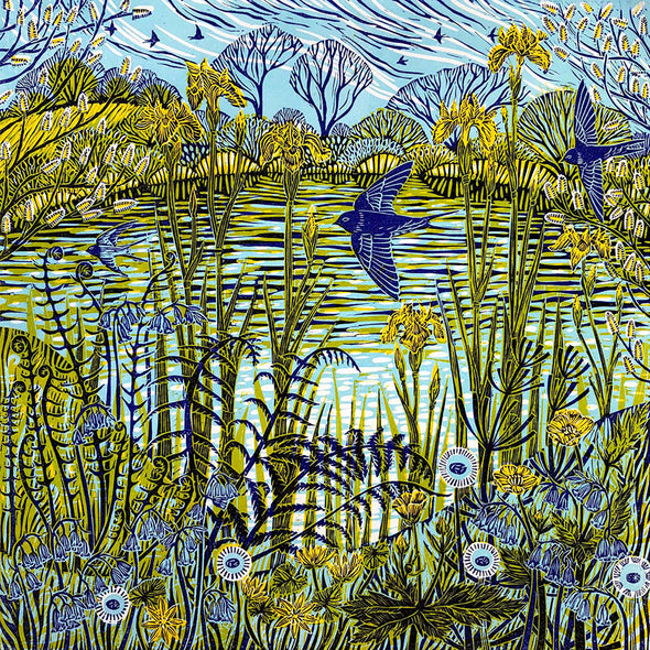 Lino print by Cornish artist Claire Armitage with blue and yellow tones of lake, foliage, trees and birds