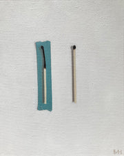 Neutral background with painting of half burnt match with turquoise tape behind next to unburnt match by artist Bess Harding.