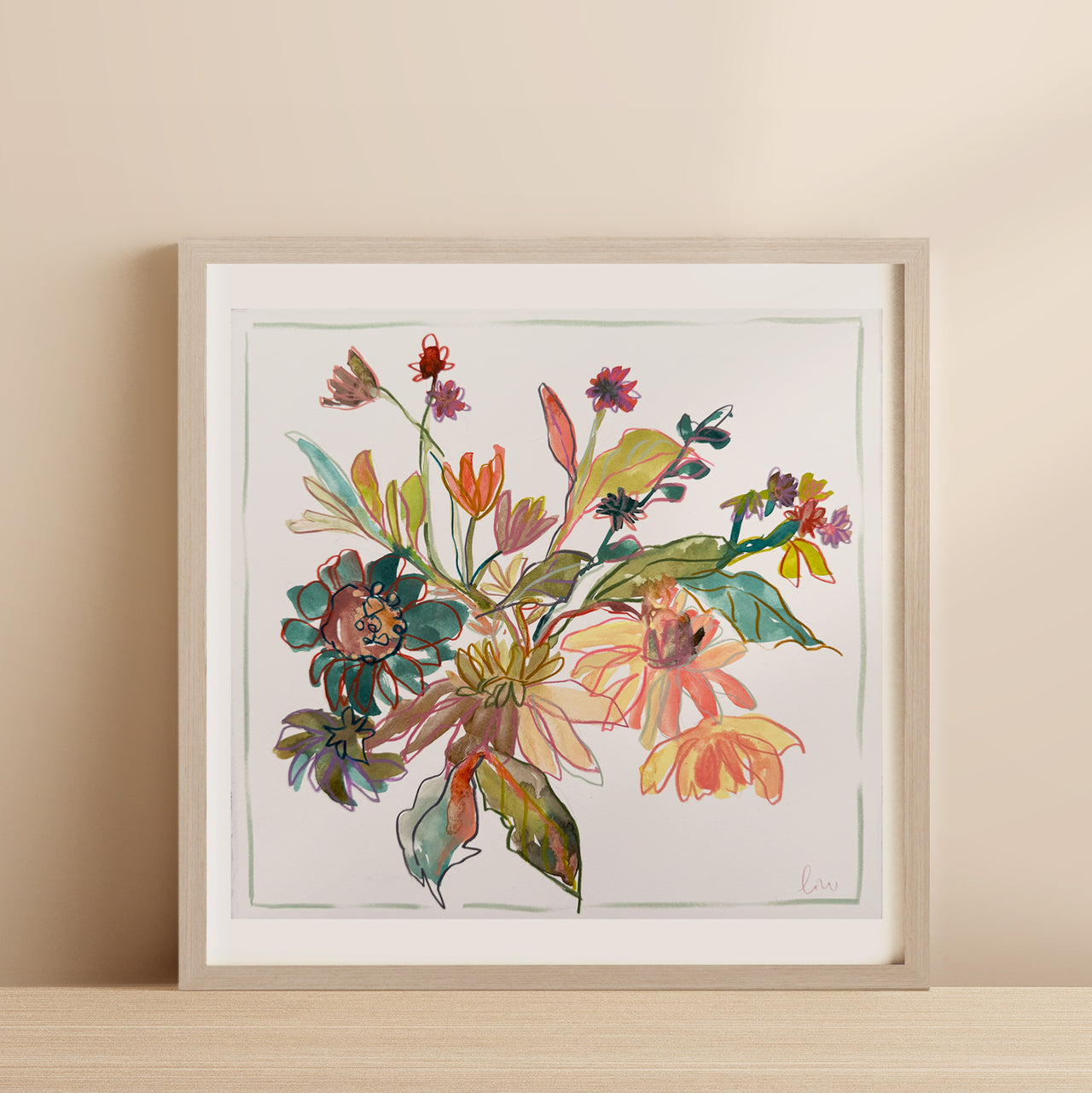 autumn coloured flowers in a small framed painting by Lucy Innes-Williams.