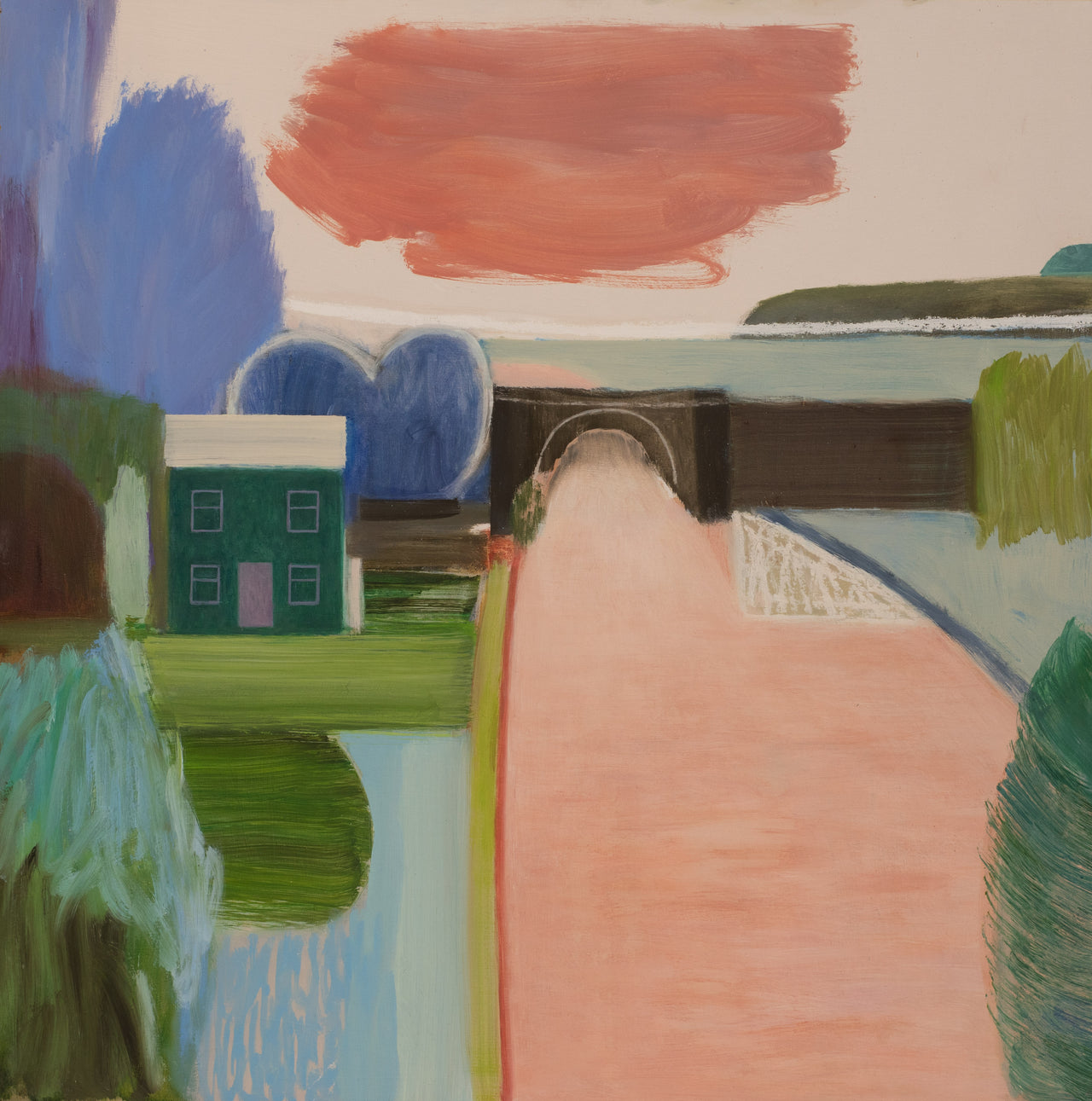 Heath Hearn painting of a small green house next to a bridge, the river underneath the bridge is pink, reflecting the sky