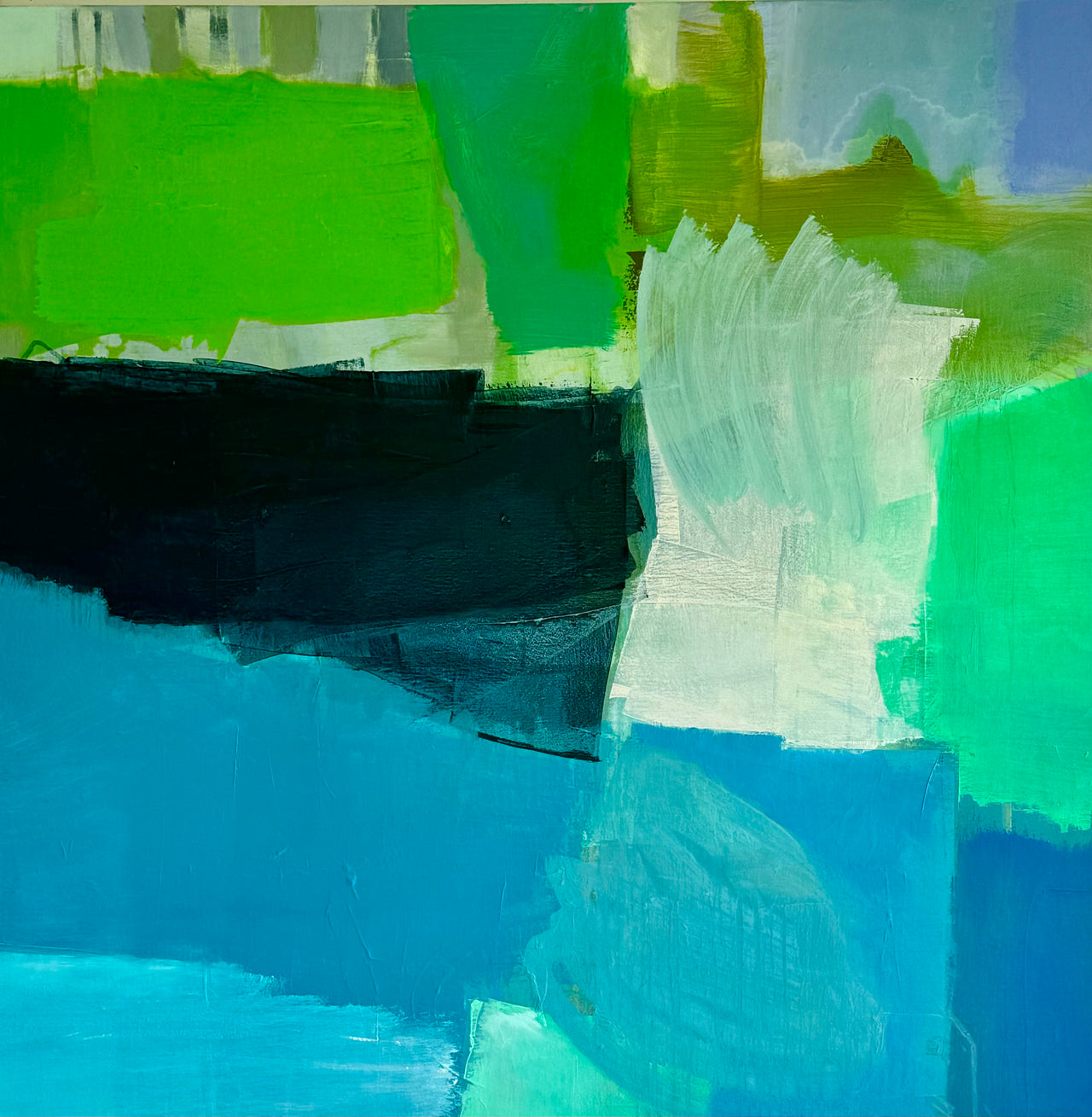 Vibrant abstract painting in tones of blue, white and green by artist Katherine Palmers-Needham