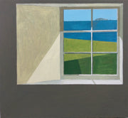 Grey wall with window looking out to green area, with blue sea in background by artist Philip Lyons