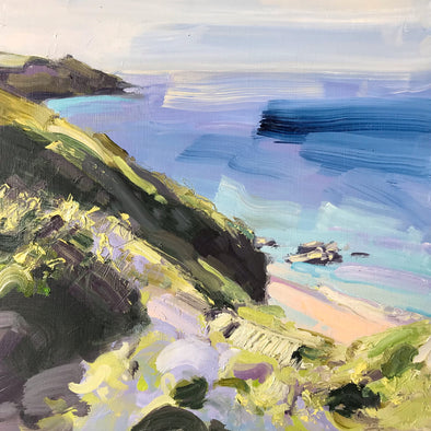 Jill Hudson painting of Rame Head in Cornwall in pastel tones with dark green cliffs 