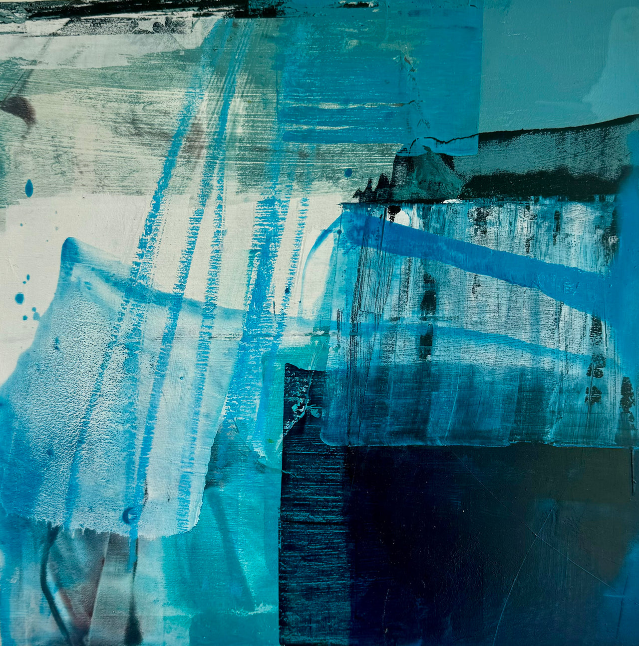 Abstract panting in blue and white tones with blue markings by artist Katherine Palmers-Needham