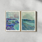 Two paintings by Lucy Innes Williams in tones of blues and purples of sea and coastline at Kynance Cove 