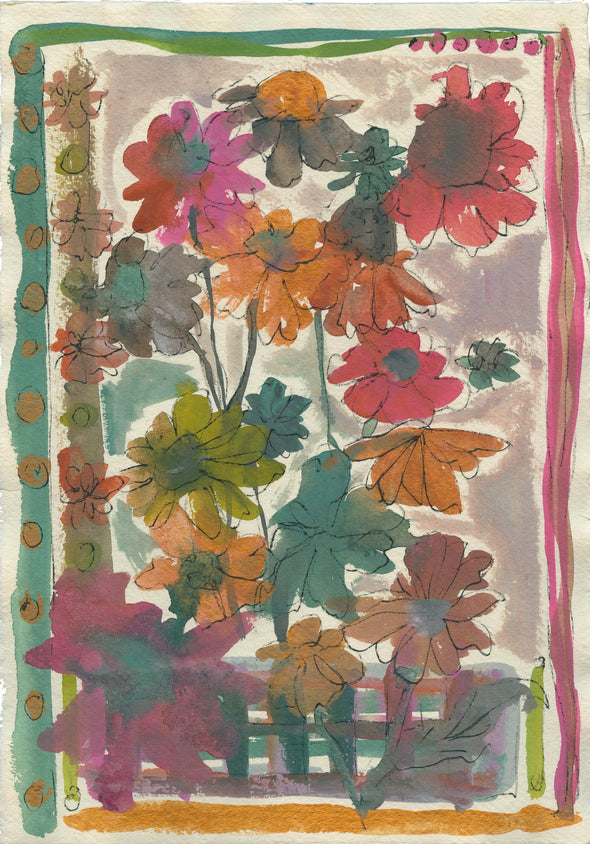 Ink painting on paper of pink, orange and ochre coloured flowers and leaves by artist Lucy Innes Williams.
