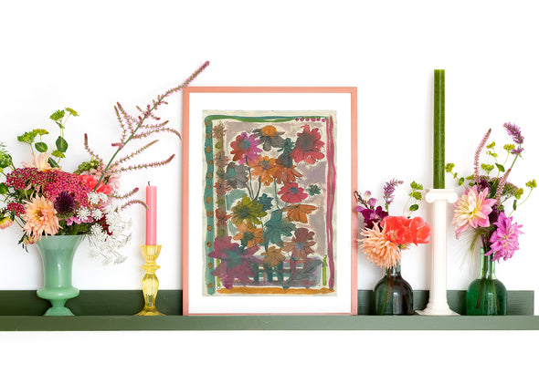 Artist Lucy Williams, ink painting on paper of pink, orange and ochre coloured flowers and leaves