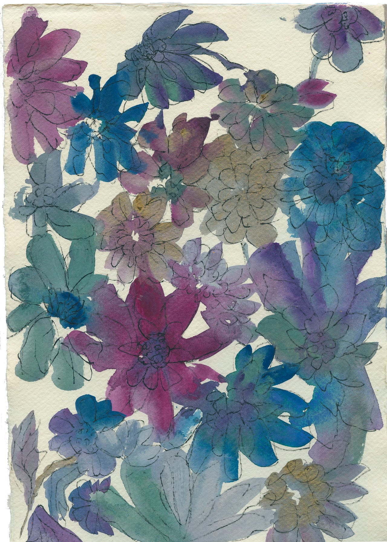 Artist Lucy Williams ink painting of flowers in tones of blue, purple.