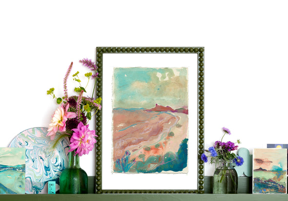Artist Lucy Williams seascape painting in tones of blue and pink sand