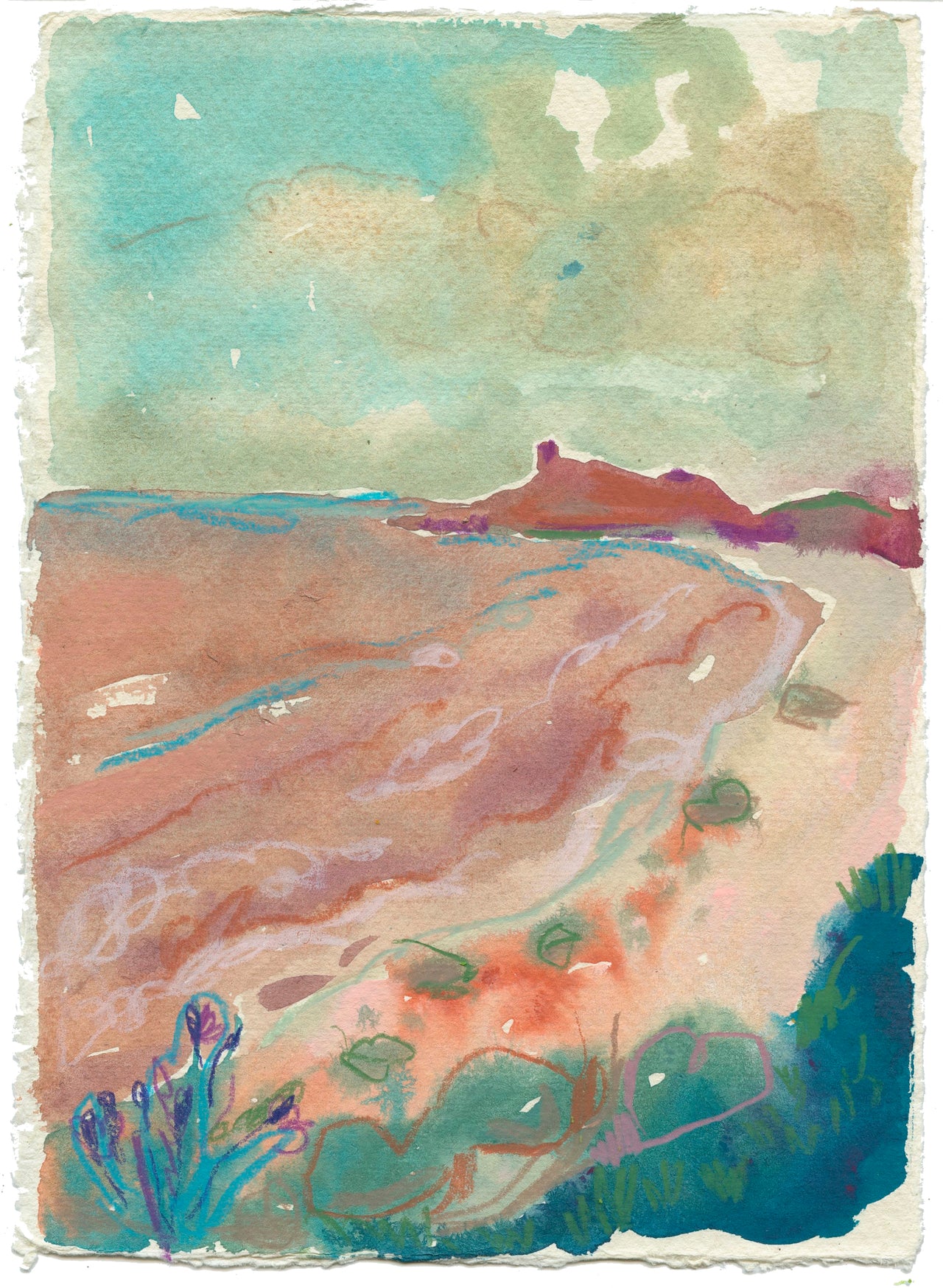 Artist Lucy Innes Williams seascape painting in tones of blue and pink sand.