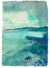 Artist Lucy Williams painting seascape and headland painting in tones of blue and turquoise.