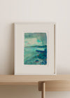 Artist Lucy Williams painting seascape and headland painting in tones of blue and turquoise