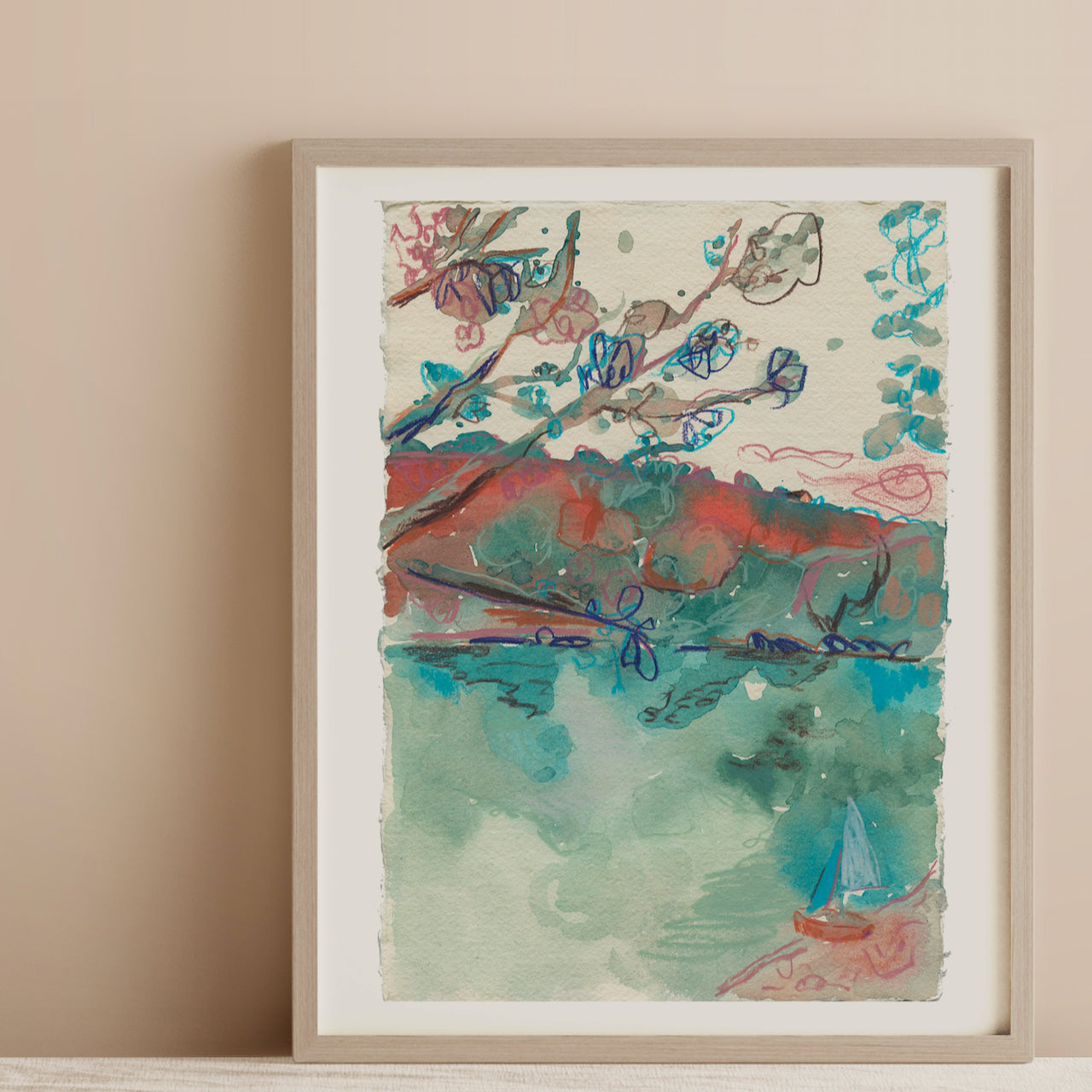 Framed Lucy Innes Williams painting in tones of blue and pink of St Just in Roseland in Cornwall