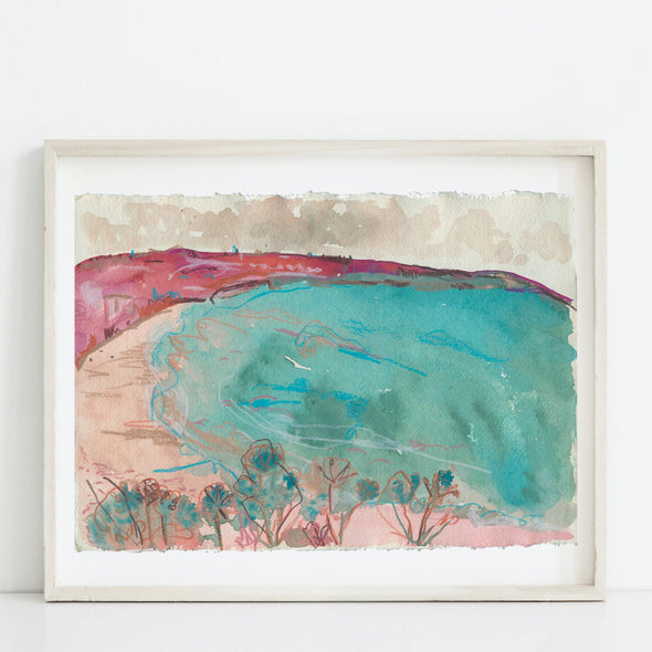 Lucy Innes Williams framed painting in shades of pink and turquoise of a Cornish seascape 