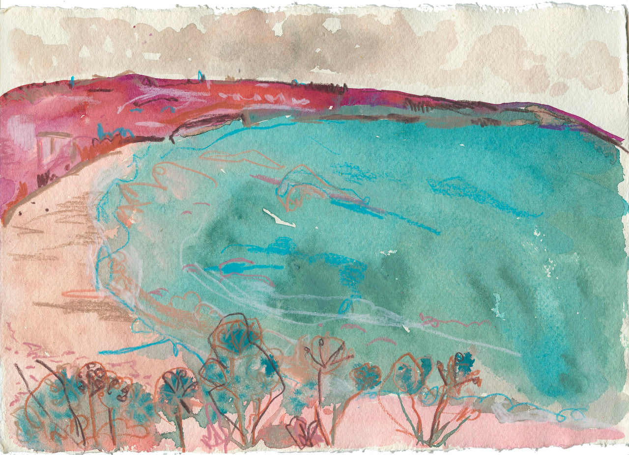 Seascape in tones of turquoise and headland in pink tones by artist Lucy Innes.