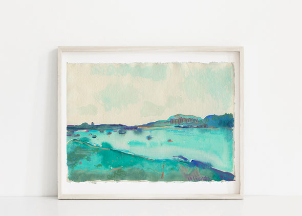 Harbour view painting in tones of turquoise by artist Lucy Williams