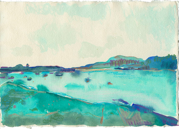 Harbour view painting in tones of turquoise by artist Lucy Innes Williams.