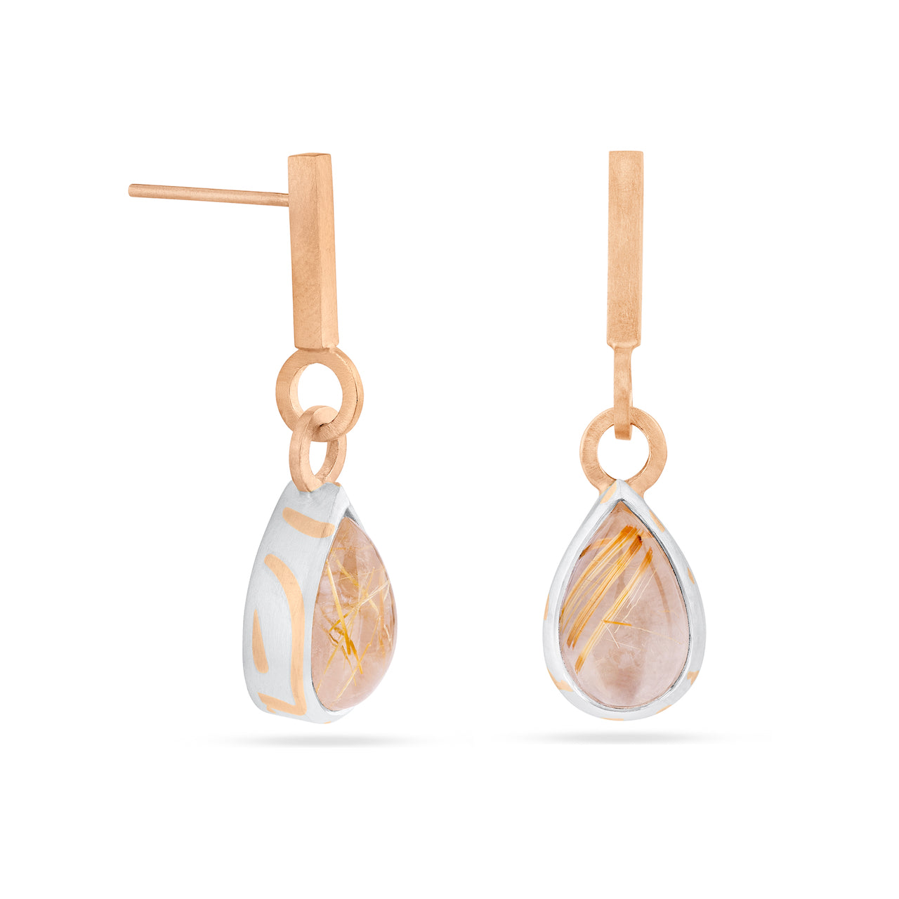 Gold drop earrings with pear shaped rutile quartz cabochons by Lyndsay Fairley