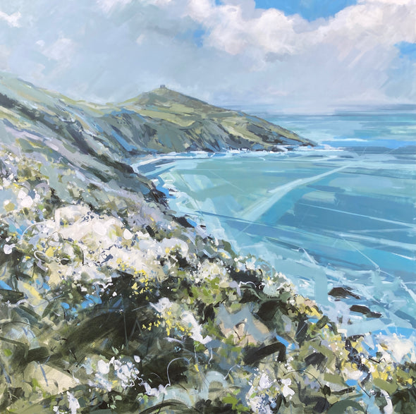 Cornish coastline with blue sea, sky and clouds by Cornish artist Imogen Bone