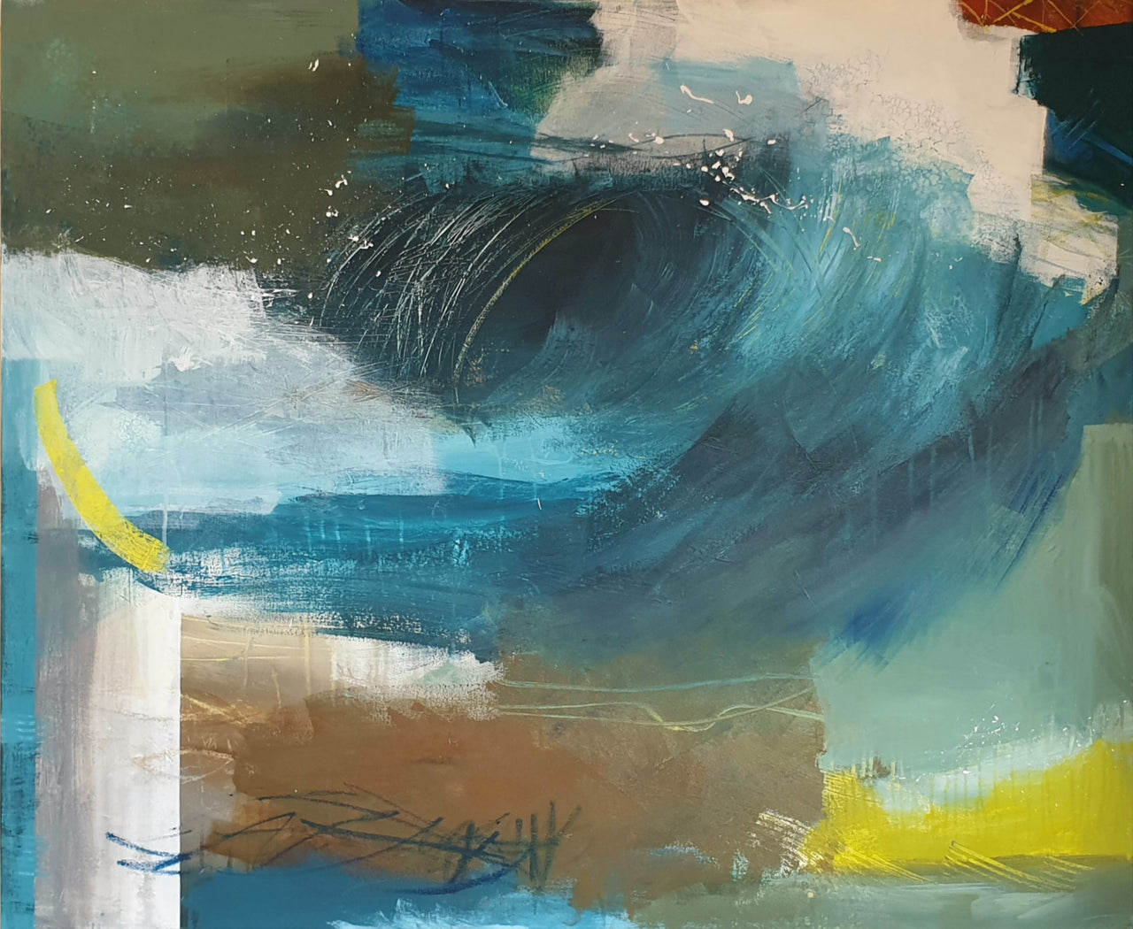 Abstract painting with tones of blue, yellow, ochre & white by artist Natalie Day