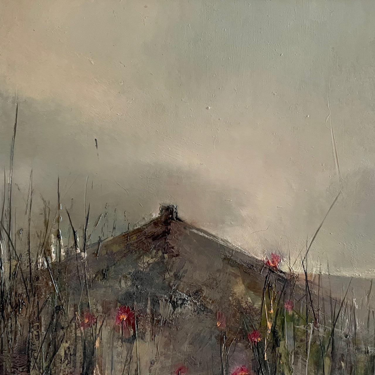 Rame Peninsula background with scattered red wild flowers in foreground by artist Julie Ellis