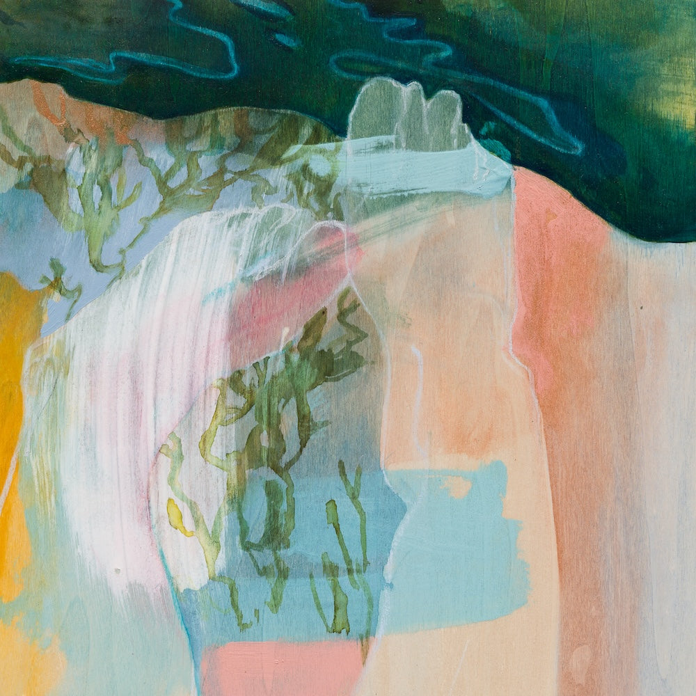 Tara Leaver abstract painting of an underwater scene in shades of blue, yellow and dark green