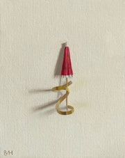 Neutral background with painting of a coiled shape around a closed cocktail umbrella by artist Bess Harding