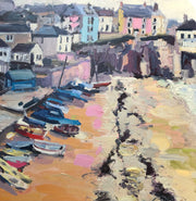 Beach cove painting with boats pulled onto the beach with cliffs and houses in background by artist Jill Hudson