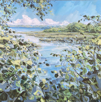 a painting with green leaves in foreground with blue estuary behind and green treeline in the background with blue sky and white clouds by Cornish artist Imogen Bone