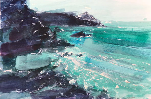 Turquoise and white ocean lapping the black rocks by artist Jill Hudson