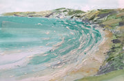Green and grey tone headland with beach cove and turquoise and white ocean by artist Jill Hudson