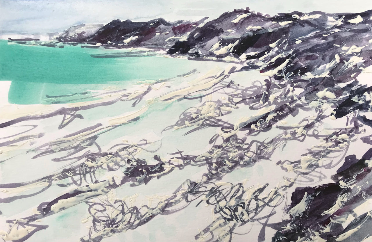 Black ink and white headland with turquoise ocean by artist Jill Hudson