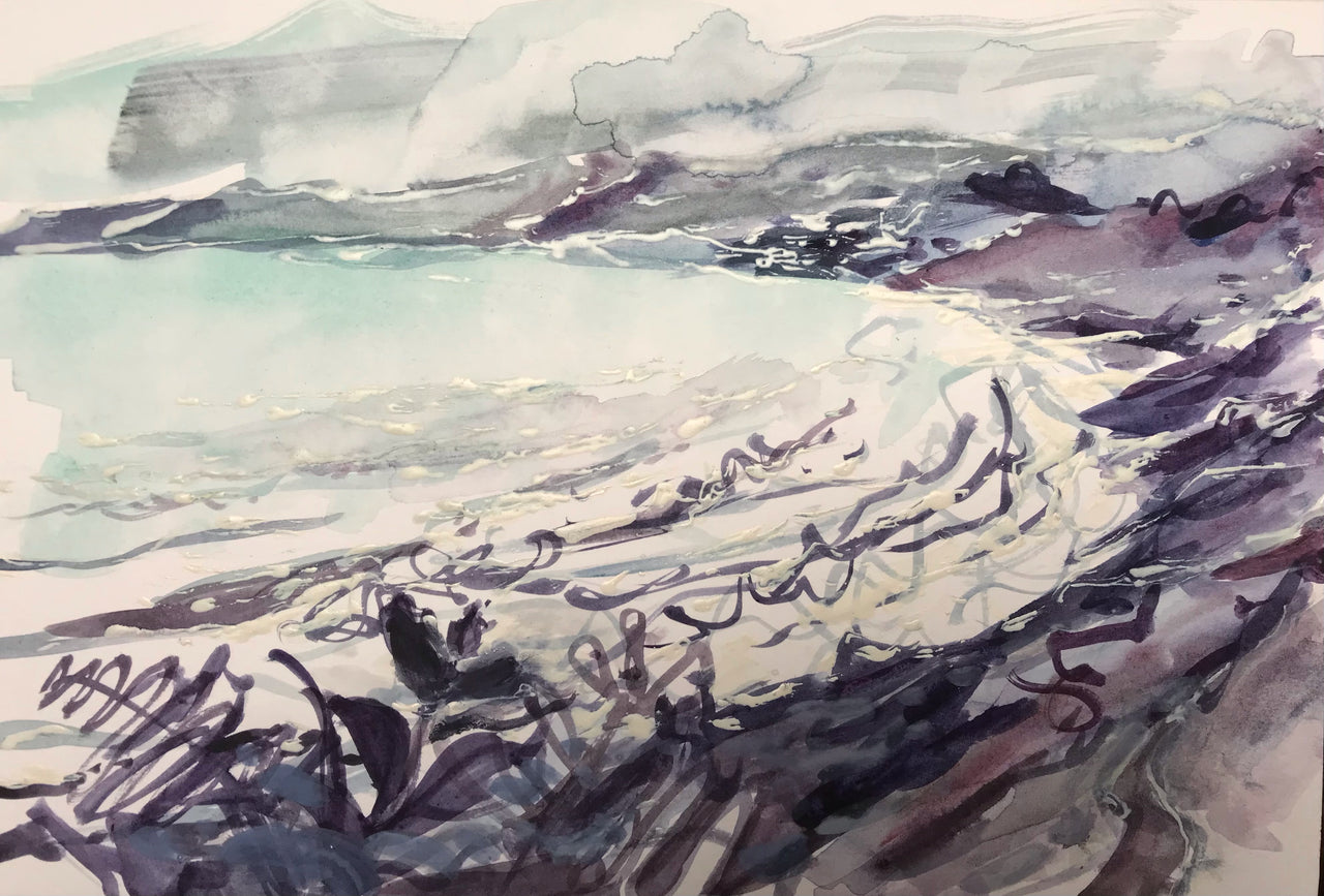Dark ink coloured headland with turquoise and white ocean by artist Jill Hudson