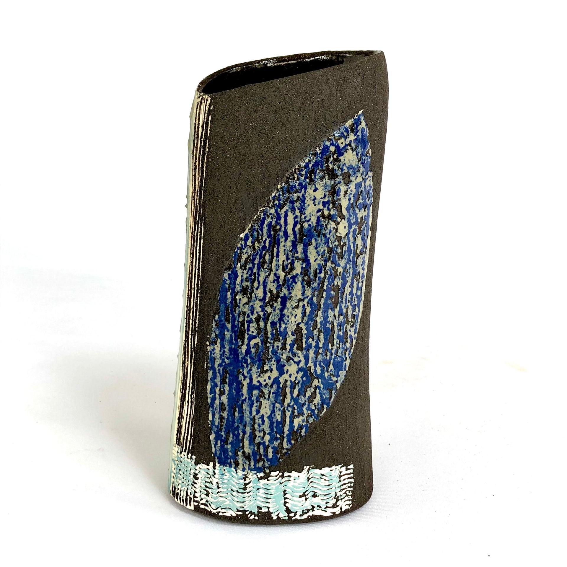 Anthea Bowen artist inspired vessel with blue and white detail inspired by Rame Peninsula