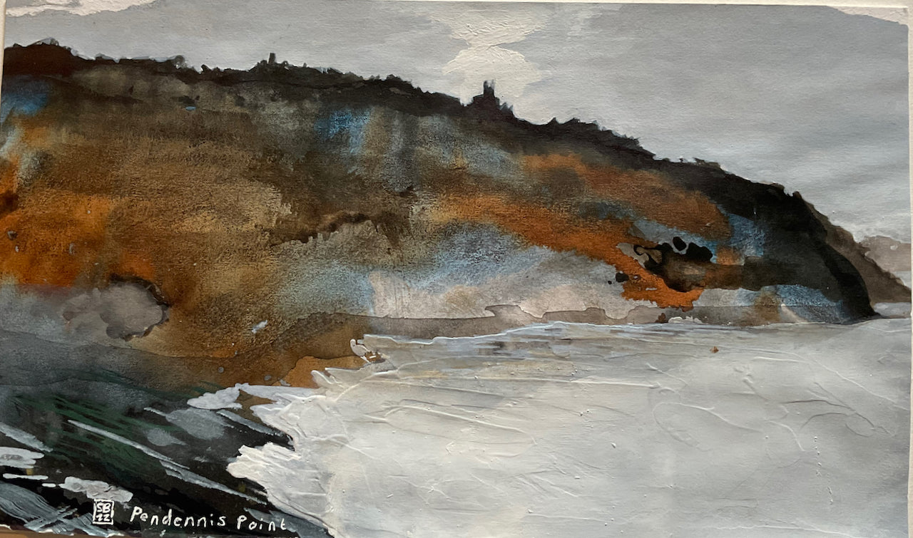 Ink painting of Pendennis point in tones of brown and black by Cornish artist Steven Buckler