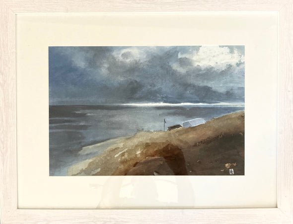 brown cliff edge with sea in the background and grey ominous sky by artist Steven Buckler