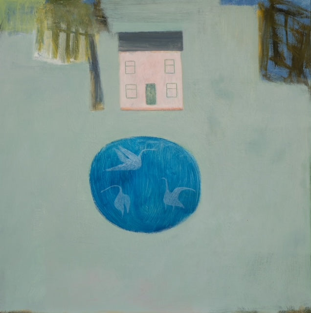 Pale pink house with blue pond and abstract trees by Cornish artist Heath Hearn